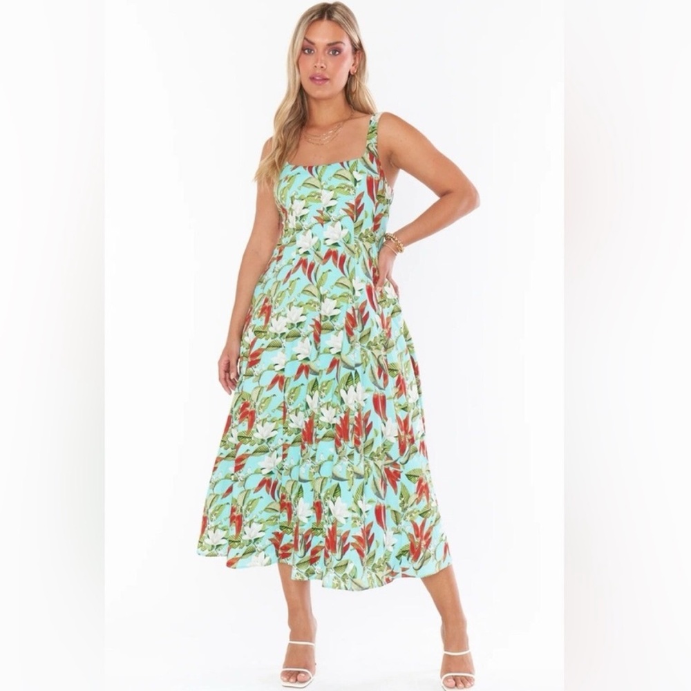 Show Me Your Mum Prim Dress Midi Spicy Peppers Turquoise Floral Hawaiian Sz M